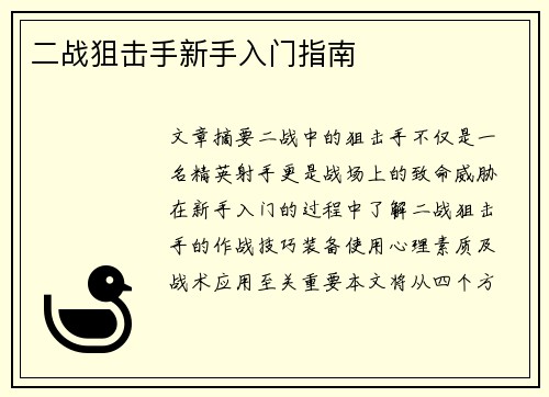 二战狙击手新手入门指南